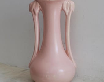 Vintage McCoy Vase, Matte Satin Pink, Double Handle, 9 Inch, Signed, USA 1940s Pottery