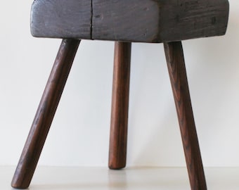Antique Primitive Wood Three Leg Milking Stool, Wooden Tripod, Plant Stand, Sculpture, As Is