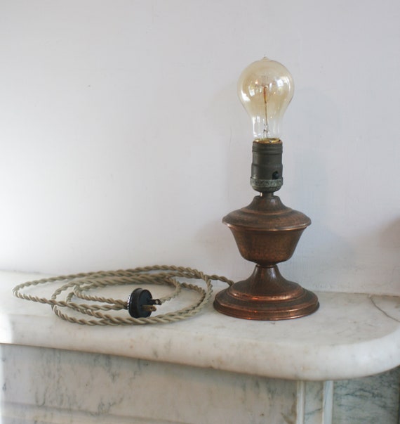 Vintage Copper Table Lamp Rewired New Wiring 6 Foot Fabric Cord