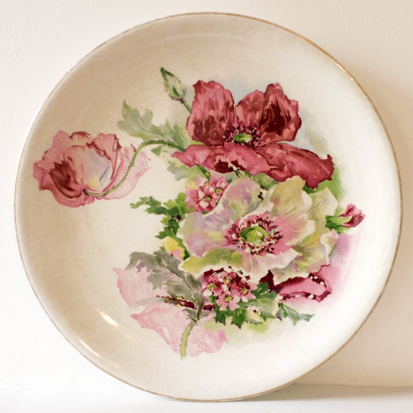 Antique Vintage Poppies Transferware Semi Porcelain Plate C.P. Co. City Pottery Company Trenton NJ, Large 10 Inch