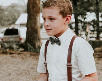 Leather Suspenders , Men's Dark Brown Suspenders , Boy's Vegan Suspenders , Groomsmen outfit , Ring Bearer Wedding Gift , Rustic Braces