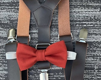 Cinnamon Terracotta bow tie & Leather Suspenders , Coffee Brown braces , Ring Bearer boy's gift , Groomsmen outfit , Men's wedding set