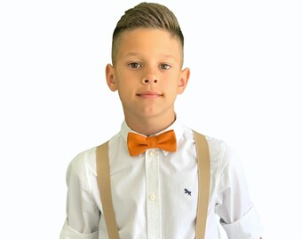 BURNT Orange bow tie & Beige Khaki Suspenders , Kids Baby Boy Ring Bearer outfit , Mens Groom best Man Wedding set