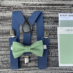 Sage Meadow Green bow tie & Steel Blue Suspenders , Matcha bow , Ring Bearer boy&#39;s gift , Groomsmen Wedding outfit , Men&#39;s pocket square