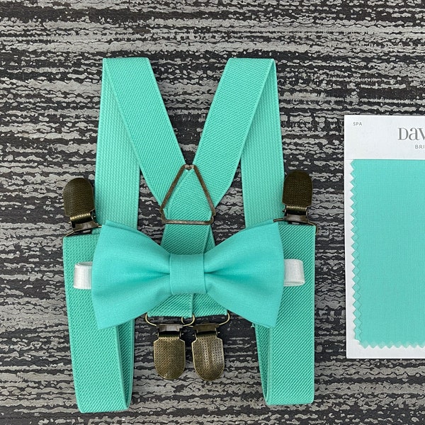 Spa bow tie & Mint Green Suspenders , Turquoise Braces , Ring Bearer boy's gift , Groomsmen outfit , Men's wedding set