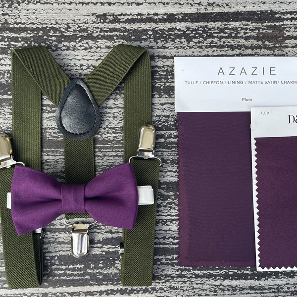 Plum Purple bow tie & Olive Green suspenders , Groom Braces , Ring Bearer boy's gift , Groomsmen outfit , Men's wedding set