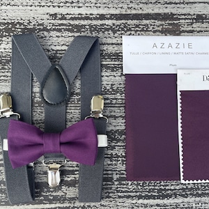 Purple Plum bow tie & Dark Gray suspenders , Men&#39;s Charcoal braces  , Ring Bearer outfit , Groomsmen Wedding set