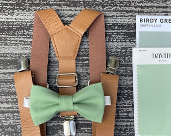 Sage Meadow Green bow tie & Leather Brown Suspenders , Ring Bearer boy's gift , Men's pocket square , wedding Groomsmen outfit