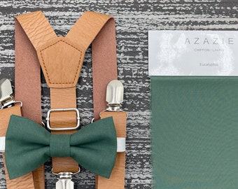 Dark Eucalyptus Green bow tie & Leather Suspenders , Brown Braces , Ring Bearer boy's gift , Men's pocket square , wedding Groomsmen outfit