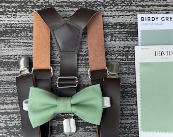 Sage Meadow Green bow tie & Coffee Brown Leather Suspenders , Matcha bow , Ring Bearer boy's gift , Groomsmen outfit , Men's pocket square