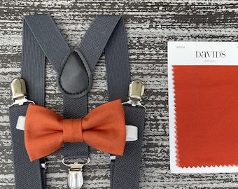 Paprika Sienna bow tie & Dark Gray Suspenders , Charcoal braces , Men's Pocket Square , Ring Bearer boy's gift , Groomsmen Wedding outfit