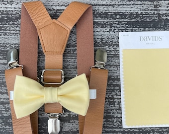 Pale Yellow Canary bow tie & Leather Suspenders , Brown Braces , Ring Bearer boy's gift , Men's pocket square , wedding Groomsmen outfit