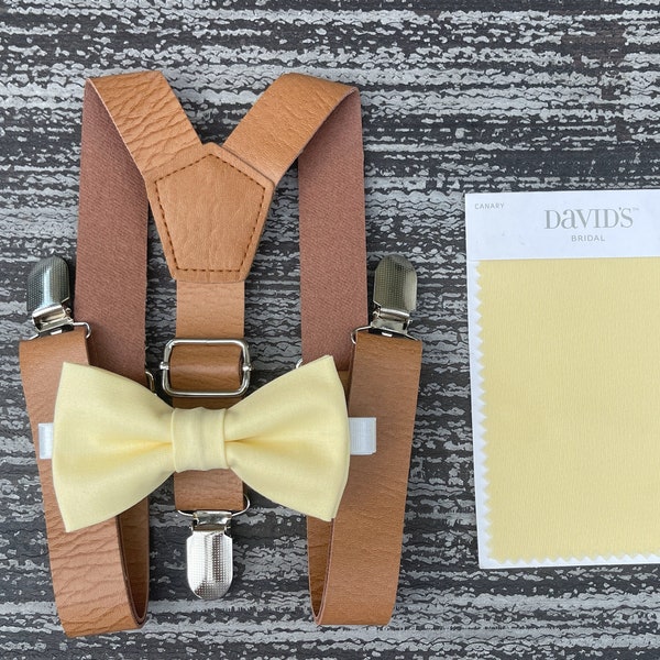 Pale Yellow Canary bow tie & Leather Suspenders , Brown Braces , Ring Bearer boy's gift , Men's pocket square , wedding Groomsmen outfit