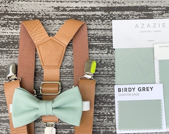 Dusty Sage Agave bow tie & Leather Suspenders , Brown Braces , Ring Bearer boy's gift , Men's wedding Groomsmen outfit
