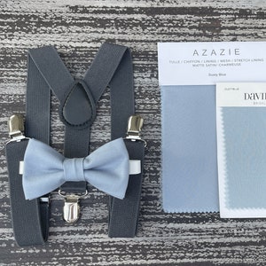 Dusty Blue Bowtie & Dark Gray Suspenders | Pocket Square | Ring Bearer Outfit | Boho Wedding | Rustic Wedding Outfit | Charcoal Braces