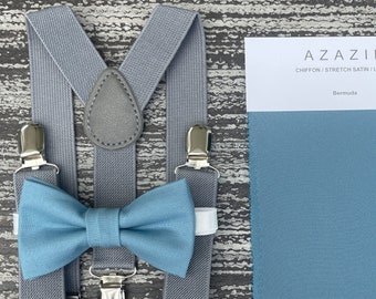 Bermuda Blue bow tie & Gray Suspenders , Groom Braces , Ring Bearer boy's gift , Men's wedding Groomsmen outfit