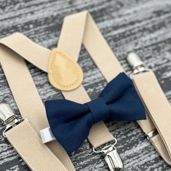 Navy Blue bow tie & Champagne Tan Suspenders , Men's Pocket Square , Marine Blue Bowtie , Ring Bearer boy's gift , Groomsmen wedding outfit