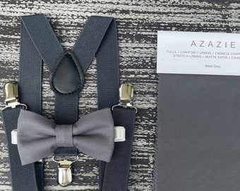 Gray bow tie & Dark Gray Suspenders , Charcoal Braces , Ring Bearer boy's gift , Groomsmen outfit , Men's wedding set , Cake Smash outfit