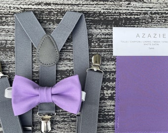 Tahiti Purple bow tie & Gray Suspenders , Groom Braces , Ring Bearer boy's gift , Men's wedding Groomsmen outfit