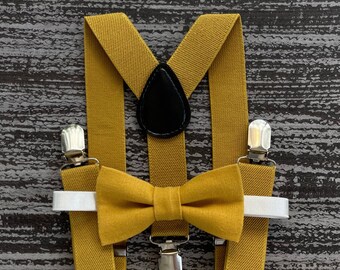 Mustard Yellow Linen bow tie & Suspenders , Ring Bearer boy's gift , Groomsmen outfit , Men's wedding accessories , Cake Smash outfit