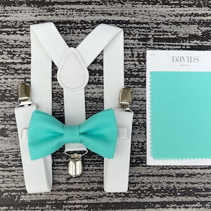 Spa Blue bow tie & White suspenders , Baptism Braces , Ring Bearer boy&#39;s gift , Groomsmen outfit , Men&#39;s wedding set
