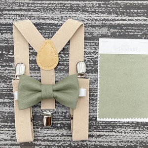 Moss Green bow tie & Champagne Tan Suspenders , Eucalypt Bow Tie , Ring Bearer boy's gift , Groomsmen Wedding outfit , Men's pocket square image 4