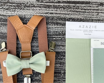 Dusty Sage bow tie & Leather Suspenders , Brown Braces , Ring Bearer boy's gift , Men's pocket square , wedding Groomsmen outfit