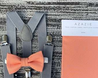 Sunset Coral bow tie & Gray suspenders , Groom Braces , Ring Bearer boy's gift , Groomsmen outfit , Men's wedding set