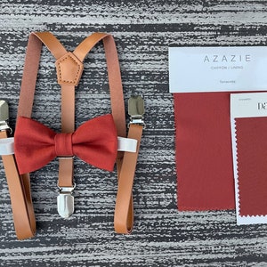 Cinnamon Terracotta bow tie & Skinny Leather Rust Brown Suspenders , Ring Bearer boy's gift , Groomsmen Wedding outfit , Mens pocket square image 3