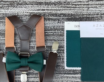 Pine Green bow tie & Coffee Brown Leather suspenders , Ring Bearer boy's gift , Wedding Groomsmen outfit , Men's pocket square