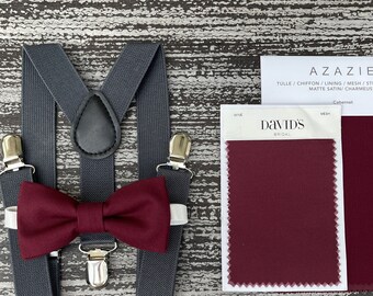 Cabernet Wine bow tie & Dark gray Suspenders , Charcoal braces , Ring Bearer boy's gift , Men's pocket square , wedding Groomsmen outfit