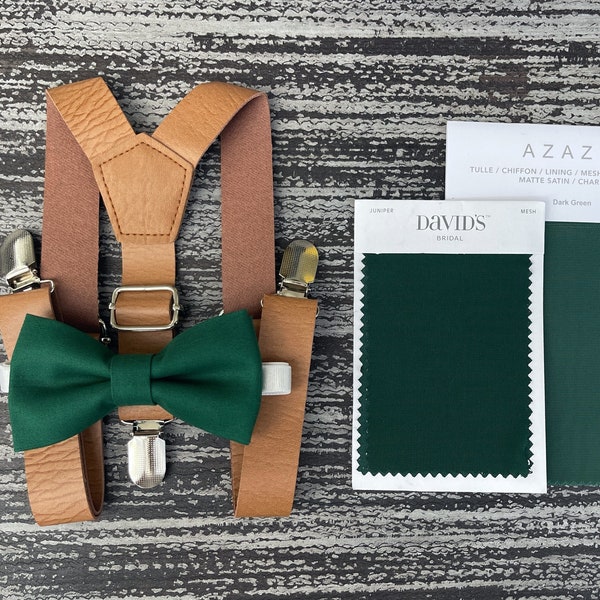 Juniper Dark Green bow tie & Brown Leather suspenders , Ring Bearer boy's gift , Groomsmen Wedding outfit , Men's pocket square