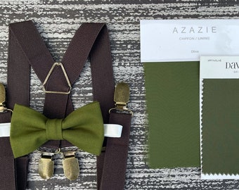 Olive Green bow tie & Coffee Brown Suspenders , x - back braces , Ring Bearer boy's gift , Men's Groomsmen wedding outfit