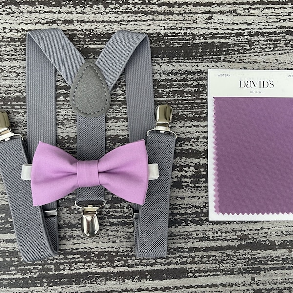 Wisteria bow tie & Gray Suspenders , Ring Bearer boy's gift  , Men's Pocket Square , Groomsmen wedding accessories , Purple Cake Smash set