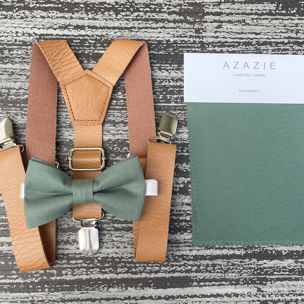 Eucalyptus Green Bow Tie & Brown Vegan Leather Suspenders , Men's Pocket Square , Boys Ring Bearer outfit , Groomsmen Wedding Outfit