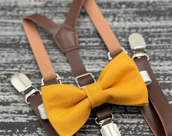 Marigold bow tie & Leather Skinny Dark brown suspenders , Ring Bearer boy's gift , Groomsmen Wedding outfit , Men's Pocket Square