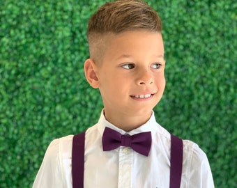 Kids to Adults Sizing Matching Plum Adjustable Suspender and Bow Tie Sets