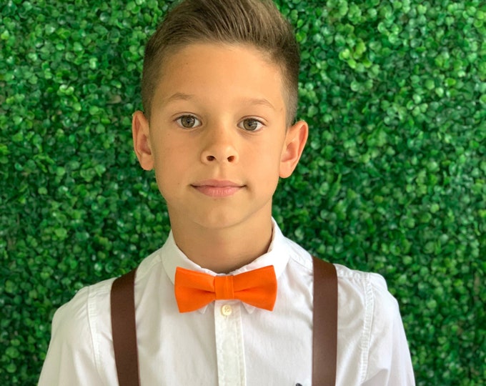 Suspenders SET 6 months Adult Kids Mens Baby Boys 1 inch Wide Dark Brown PU Leather Suspenders /& ORANGE bow tie Wedding Page Boy Groom Set
