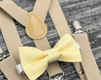 Pale Yellow Canary bow tie & Champagne Tan Suspenders , Ring Bearer boy's gift , Groomsmen Wedding outfit , Men's pocket square