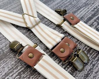 Beige suspenders , Ivory Striped Adjustable x -Back Suspenders , Wedding outfit , Boy's Ring Bearer gift , Men's Groomsmen vintage braces