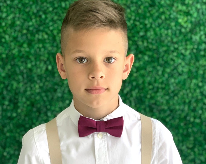 Suspenders SET 8mon ADULT Kids Children Baby Boys Light Tan Khaki Suspenders /& Maroon Crimson Wine bow tie Wedding Page Boy Groom SET