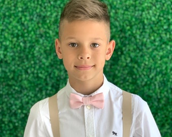 6 months- ADULT Kids Children Baby Boys  Light Tan Khaki Suspenders & Pastel Pale Pink LINEN bow tie Wedding Page Boy Groom SET