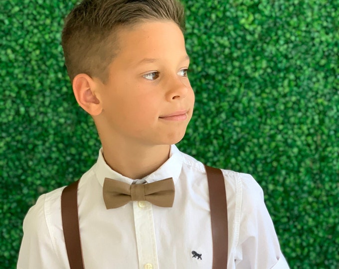 Suspenders SET 8mon Adult Kids Mens Baby Boys Wide Dark Brown PU Leather Suspenders /& Taupe Brown bow tie Wedding Page Boy SET