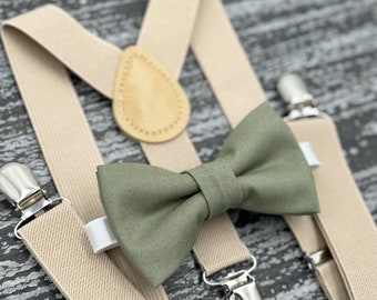 Moss Green bow tie & Champagne Tan Suspenders , Eucalypt Bow Tie , Ring Bearer boy's gift , Groomsmen Wedding outfit , Men's pocket square