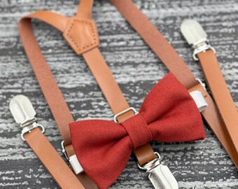 Cinnamon Terracotta bow tie & Skinny Leather Rust Brown Suspenders , Ring Bearer boy's gift , Groomsmen Wedding outfit , Mens pocket square