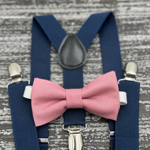 Dusty Rose bow tie & Navy Blue Suspenders , Ring Bearer boy's gift , Groomsmen Wedding outfit , Men's pocket square , Cake Smash outfit image 2