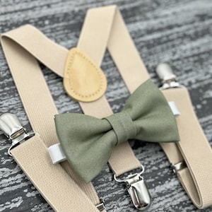 Moss Green bow tie & Champagne Tan Suspenders , Eucalypt Bow Tie , Ring Bearer boy's gift , Groomsmen Wedding outfit , Men's pocket square image 1