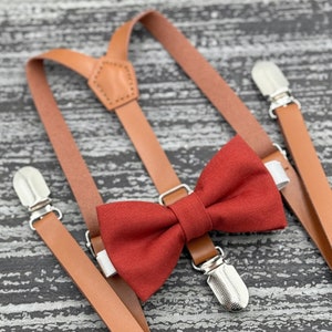 Cinnamon Terracotta bow tie & Skinny Leather Rust Brown Suspenders , Ring Bearer boy's gift , Groomsmen Wedding outfit , Mens pocket square image 1