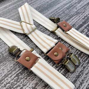 Beige suspenders , Ivory Striped Adjustable x -Back Suspenders , Wedding outfit , Boy's Ring Bearer gift , Men's Groomsmen vintage braces