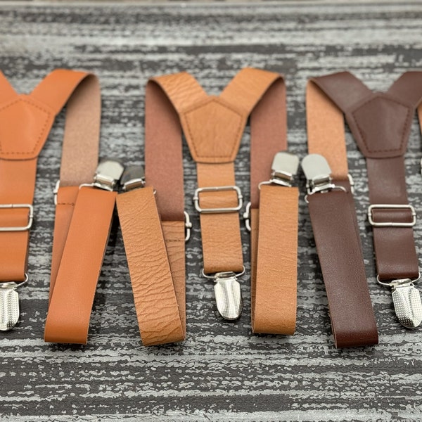 Leder Hosenträger, Braune Hosenträger für Herren, Cognac Jungen Hosenträger, Groomsmen Ring Bearer outfit, Rustikales Hochzeitsgeschenk